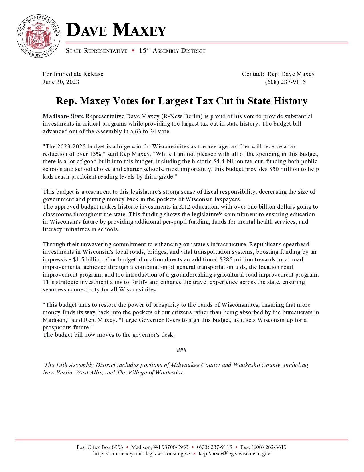 Rep. Maxey Statements on the 2023-2025 Budget