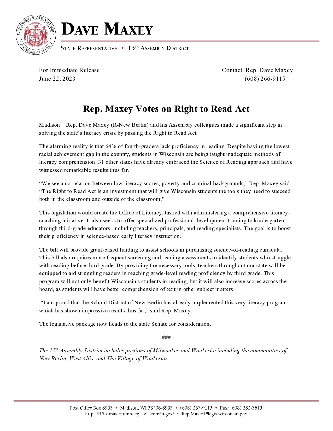 Rep Maxey Votes on Right to Read Act