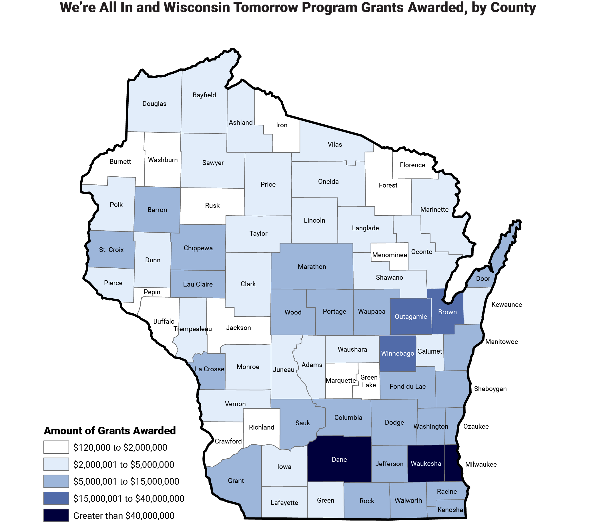 A map showing program grants awarded by county