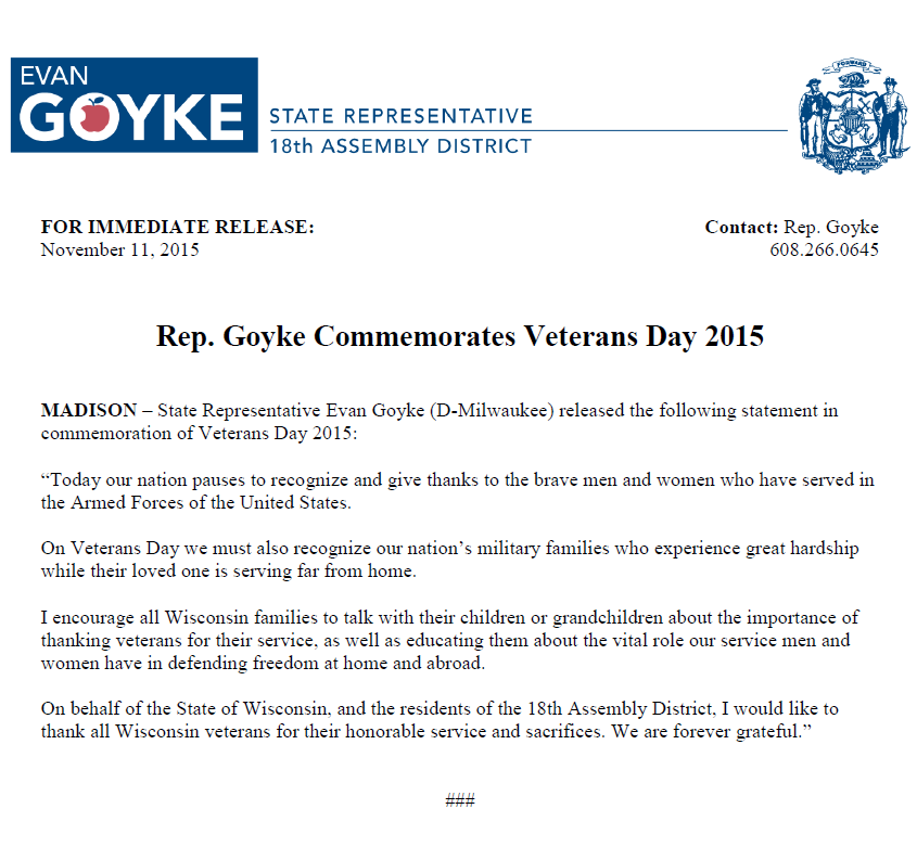 Rep. Goyke Commemorates Veterans Day 2015