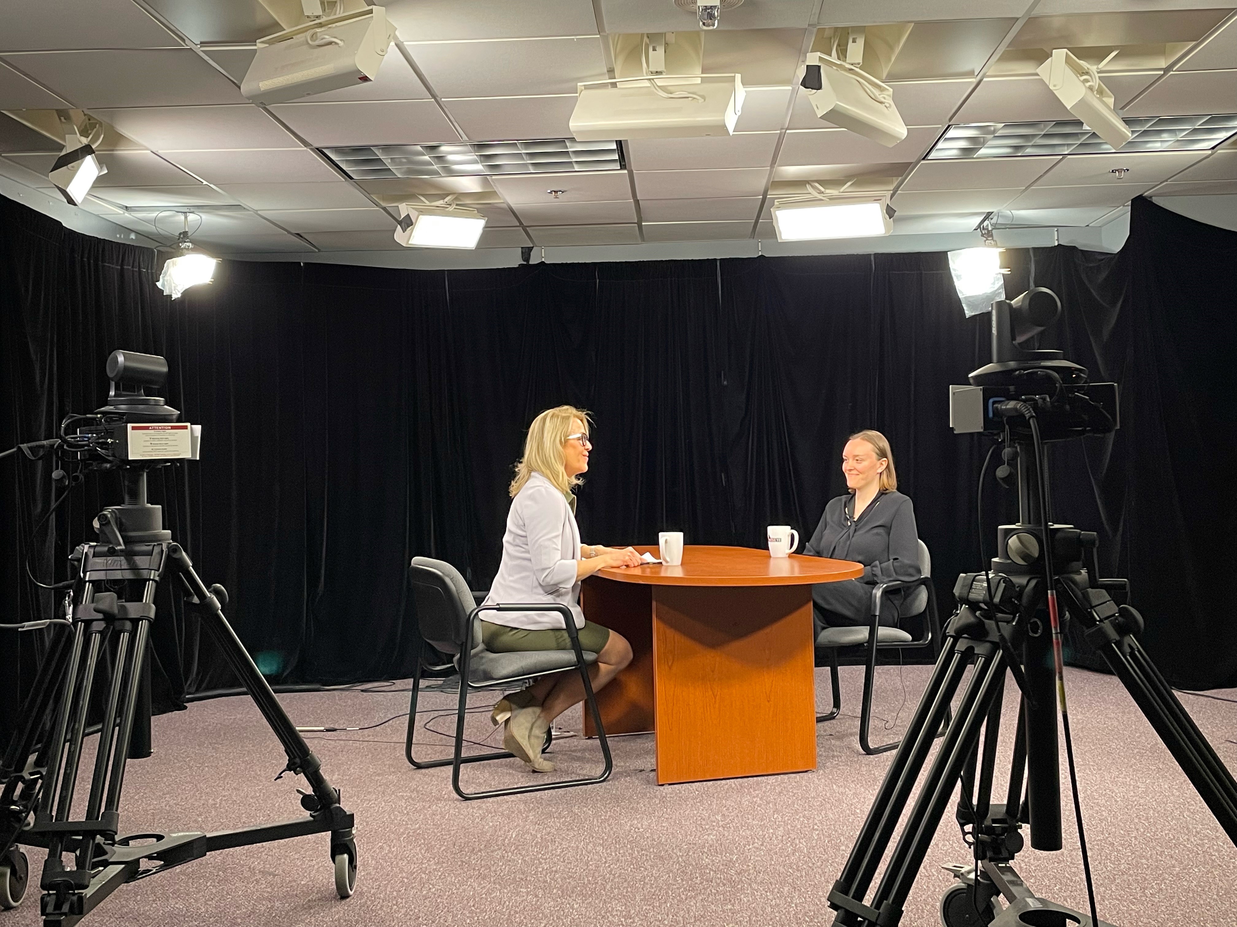 Rep. Neubauer filming WisEye's Newsmakers with Lisa Pugh