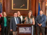 Sen. Spreitzer and legislative colleagues hold a press conference on preserving a safe and sound democracy in Wisconsin. 