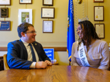 Sen. Spreitzer speaks with Miss Beloit in his Capitol office. 