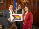 Sen. Spreitzer smiles with constituents at a press conference announcing the Equality Agenda introduced by the Legislative LGBTQ+ Caucus. 