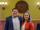 Sen. Spreitzer smiles with Lieutenant Governor Sara Rodriguez. 