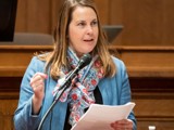 State Repreentative Dianne Hesselbein speaks on the floor of the assembly. She is a white woman with medium brown hair wearing a blue blazer and a pink floral scarf. There is a microphone attached to the table in front of her that she is speaking into.