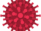 Clip art of a red virus, likely meant to represent the COVID-19 virus.