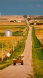 An image of a farm vehicle driving on a rural road between corn fields