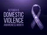 A poster with an illustration of a purple ribbon and the words "October is Domestic Violence Awareness Month".