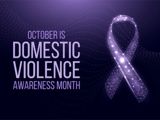 A poster with an illustration of a purple ribbon and the words "October is Domestic Violence Awareness Month".