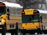 School buses line up the road on a snowy day.