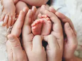 Infants feet held by the parents hands.