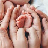 Infants feet held by the parents hands.