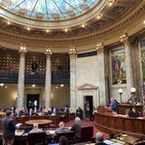 Photo of the senate floor while in session.